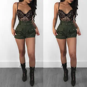 

2019 Brand New Casual Women A-line Short High Waistband Summer Green Shorts Stylish Ladies Loose Beach Belt Short Trousers