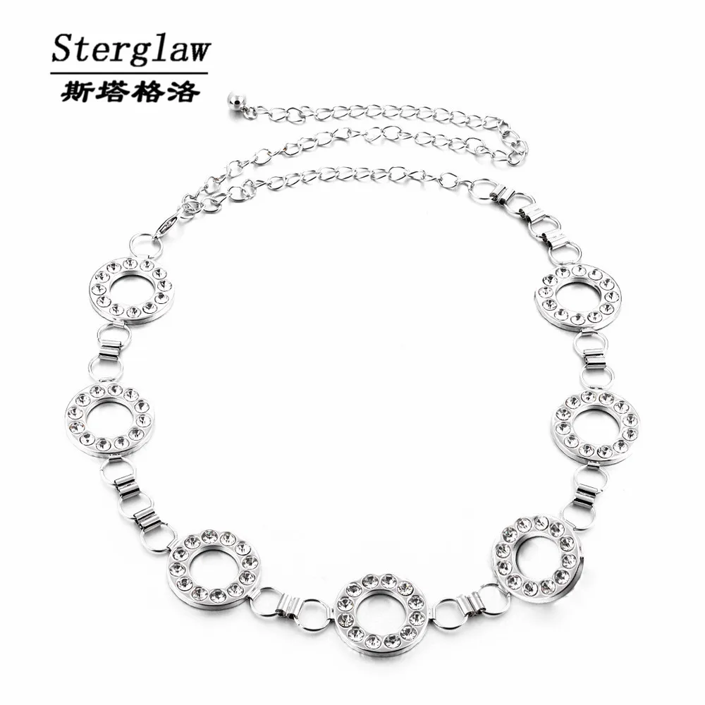 Silver Metal Circle rhinestone metal waist chain belt for women 2019 hot fashion woman belt ...