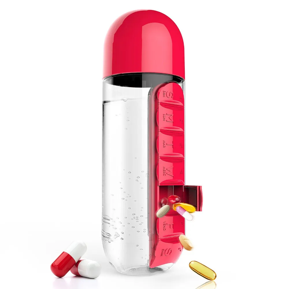 4 Colors Combine Daily Pill Box Organizer With Water Bottle Weekly Seven Compartments With Drinking Bottle