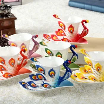 

European Peacock Coffee Cup Ceramic Creative Cup Bone China 3D Color Enamel Porcelain Cup with Saucer and Spoon Coffee Tea Set