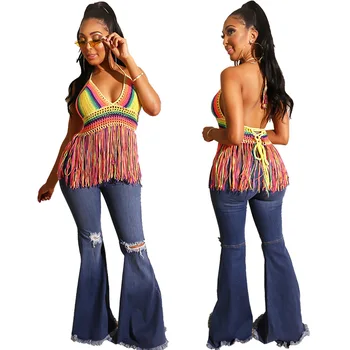 

2019 New Summer Beach Sexy Backless Women Camis Boho Rainbow Stripes Crochet Knitted Halter Neck Tassel Hem Crop Tops
