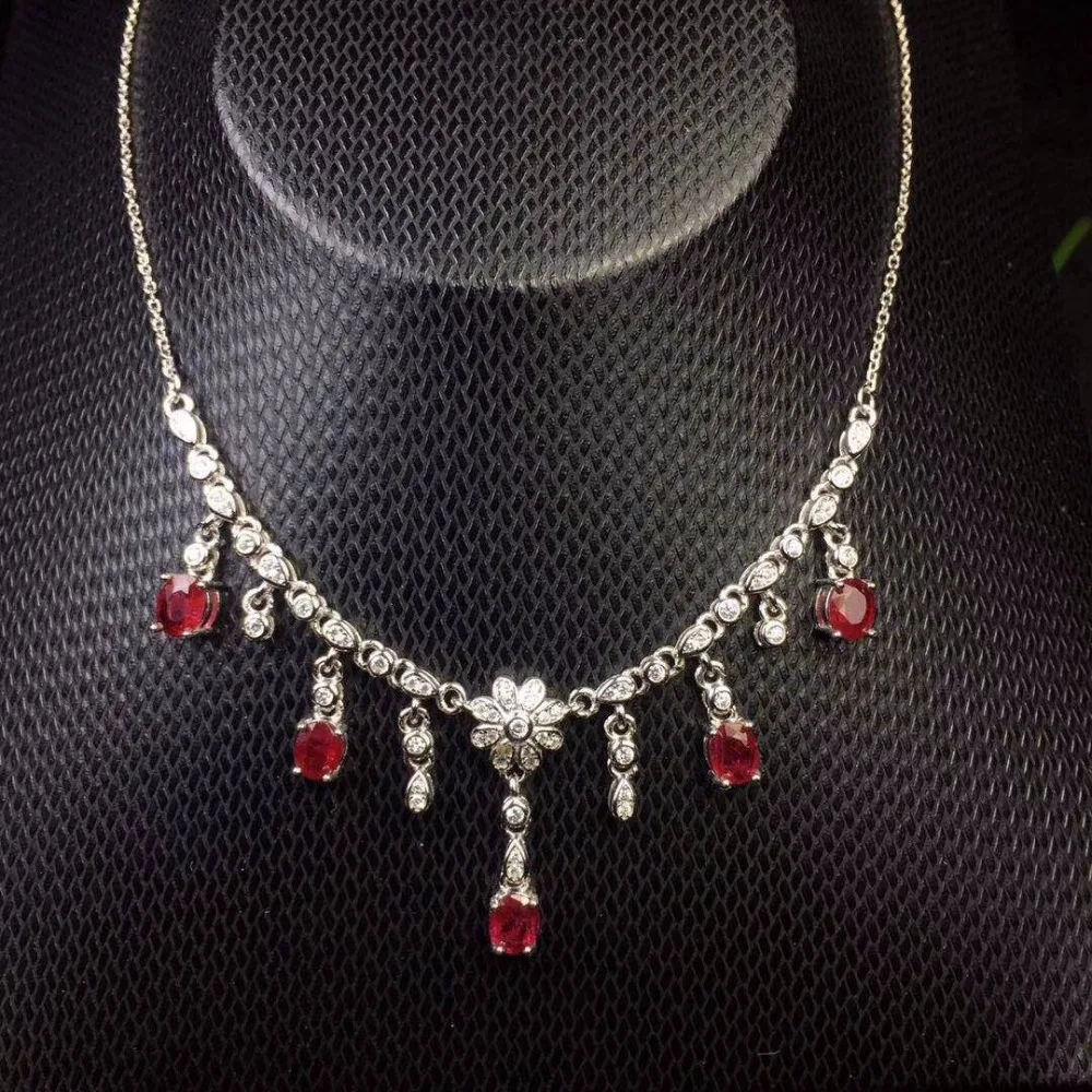 

Tested Natural Ruby Choker Necklaces for Women, 4*5mm*5Pcs Birthstone, 925 Sterling Silver with Velvet Box Certificate FN189
