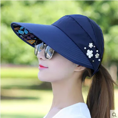 Модные женские летние головные уборы с жемчужным солнцезащитным козырьком шляпа с большими головками широкий пляжный навес солнцезащитная Кепка Женская кепка - Цвет: Navy Blue