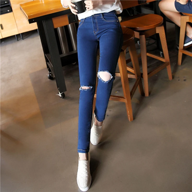 Blue Women Jeans Mid Waist Hole Ripped High Elastic plus