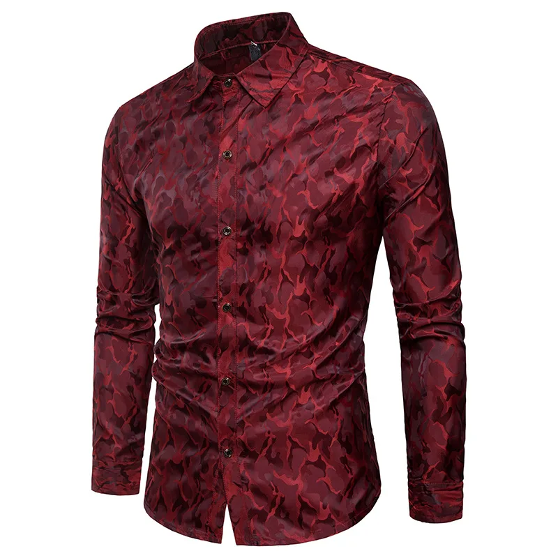 Pueple, камуфляжная шелковая сатиновая рубашка для мужчин, новинка, облегающая Мужская рубашка с длинным рукавом, повседневные Клубные вечерние рубашки, блестящая, Camisa Social 3XL - Цвет: Red