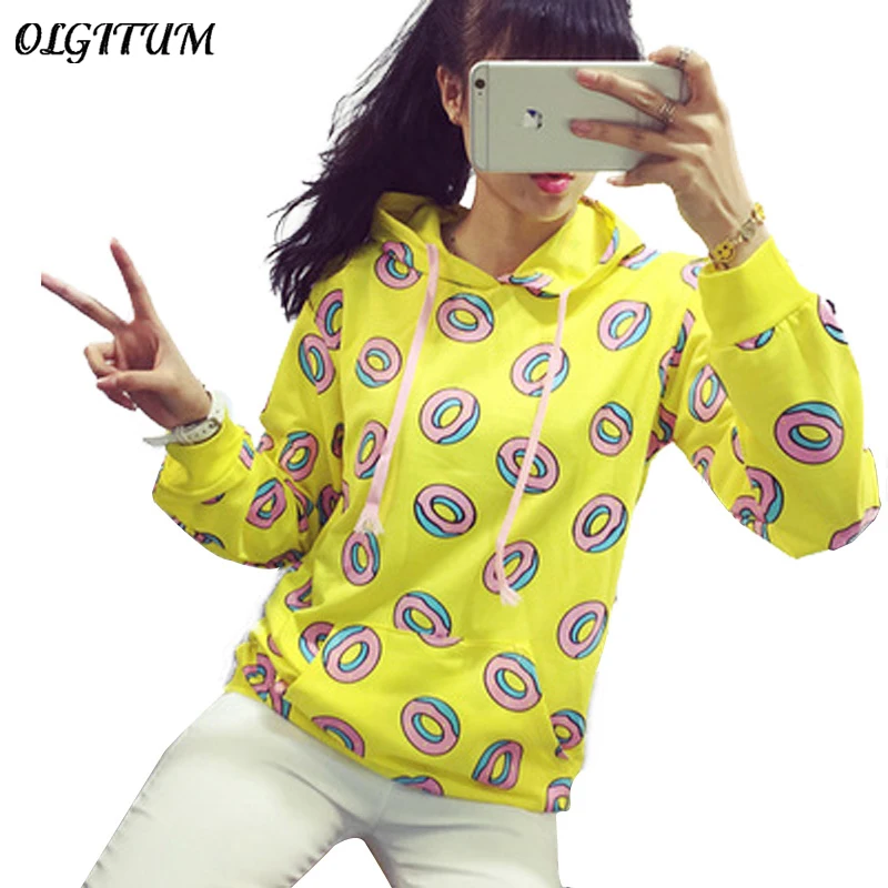 

HOT SALE!Cute donut print pullovers 2019 autumn women hoodies sweatshirts yellow large size M-XL fashion
