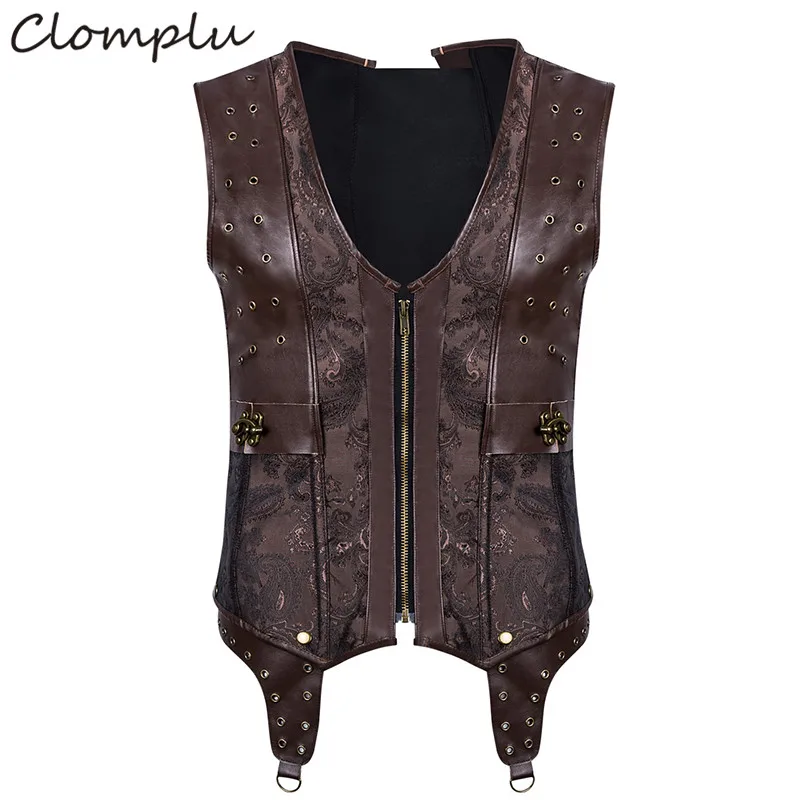 

Clomplu Leather Corset Men Gothic Steampunk Vintage Body Shaper Brown Lace Up Zipper Tops Slimming Shapewear Sleeveless