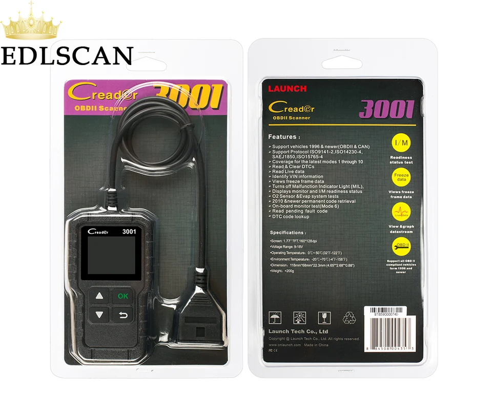 

Universal OBDII Code Reader LAUNCH Creader 3001 Support Full OBDII/EOBD with multi-language