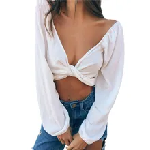 Women Blouses 2017 New Arrive Fashion Bow Knot Front Blouse Summer Tops Long Sleeve Shirts Deep V Neck Party Crop Tops Blusas all over printed knot crop blouse