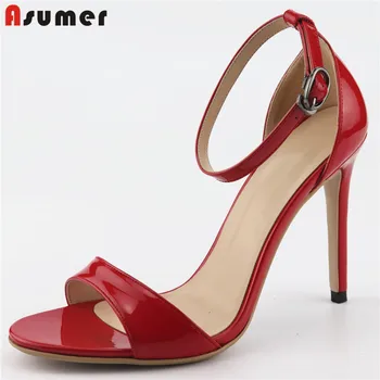 

ASUMER Plus size 34-46 women sandals stilettos high heel sandals solid color ladies summer wedding shoes red buckle female shoes