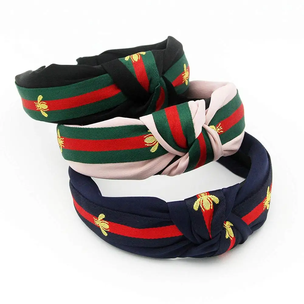 

Red Green Stripe Headbands for Women - Hair Hoops with Bee Animal - Cross Knot Hairbands with Cloth Wrapped for Girls - 3Pcs