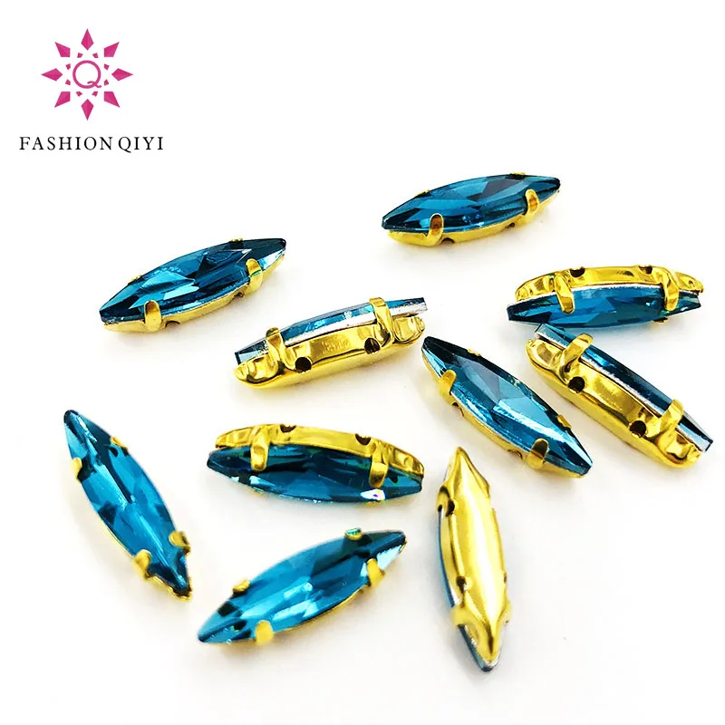 4x15mm Peacock blue Horse eye shape 50pcs Glass Crystal Gold bottom sew on claw rhinestones with holes diy Sewing On Garment