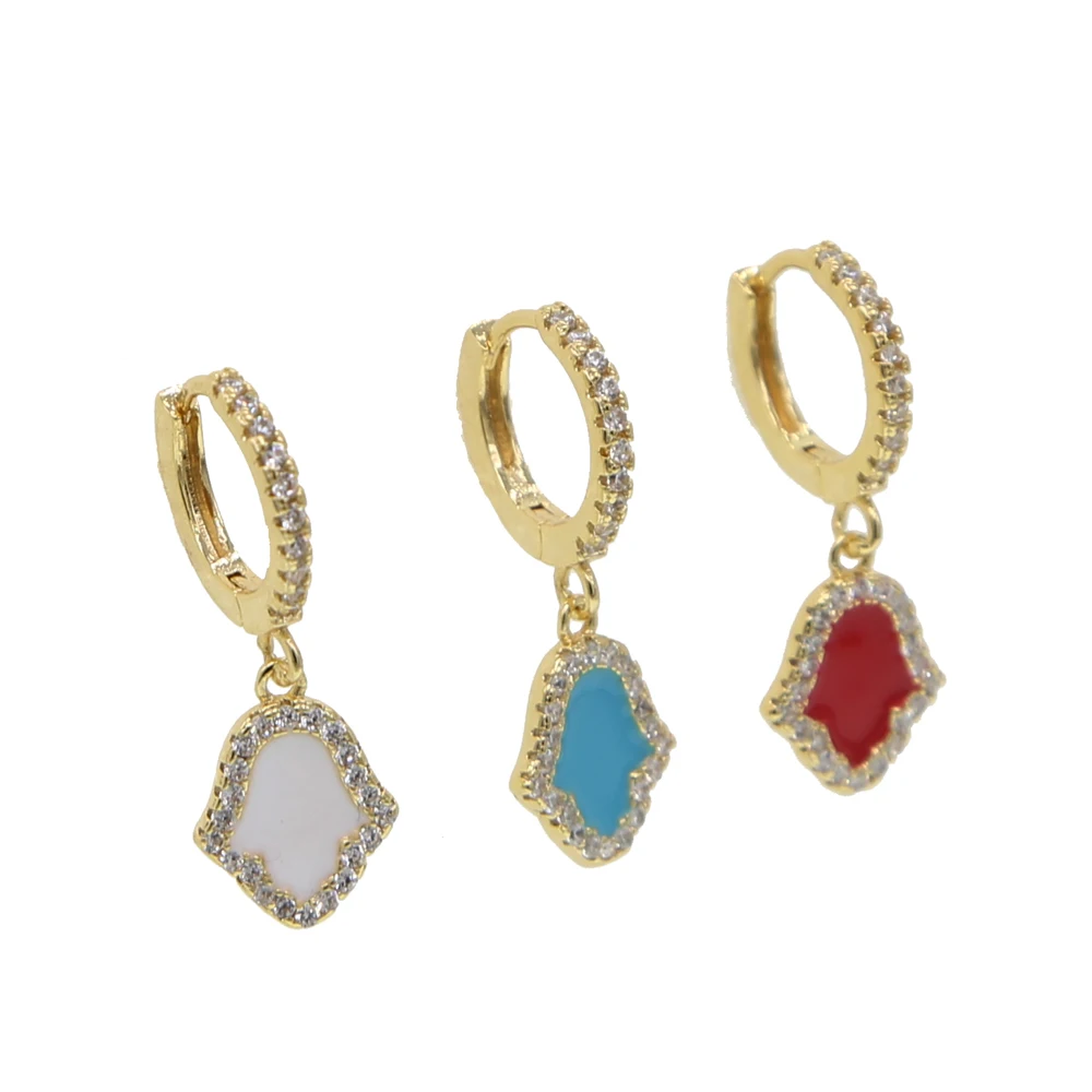 

2019 Delicate white blue red colors enamel earring for women ladies fashion lucky hand drop tiny cz charm hamsa earrings jewelry