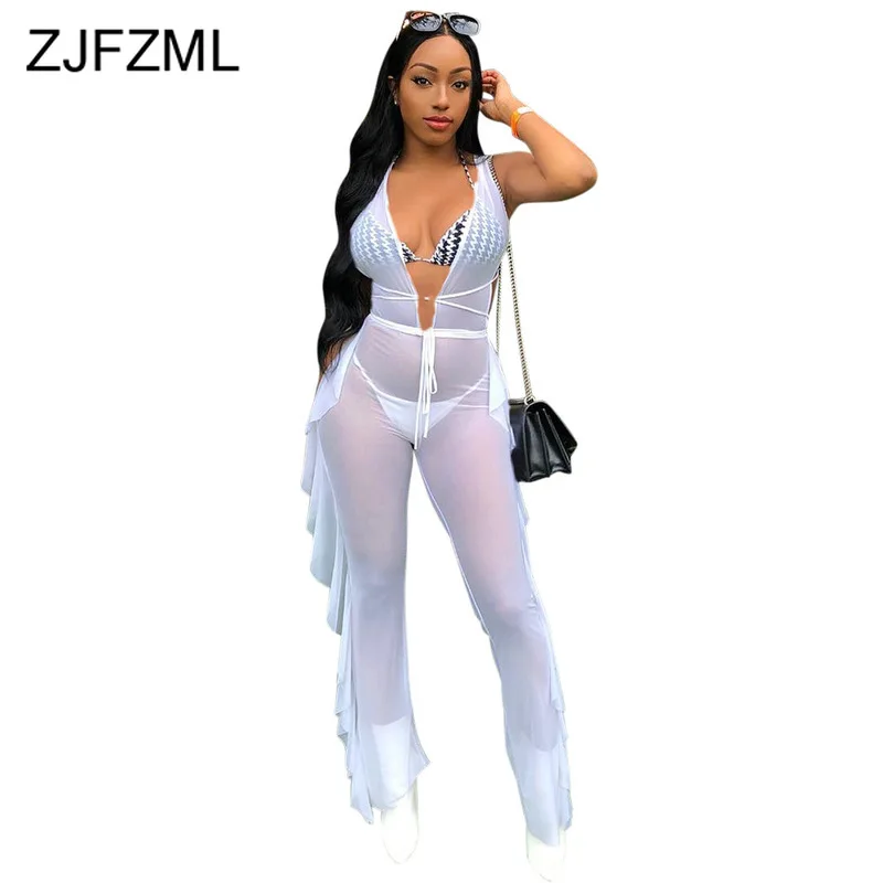 

Cascading Ruffles Rompers Womens Jumpsuit Sheer Mesh Spliced Perspective Long Bodysuit Summer V Neck Backless Bandage Overalls