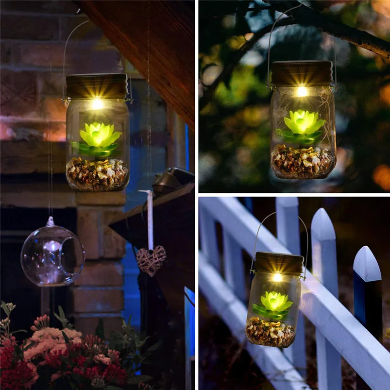 Artificial Succulents Solar Light Mason Jar Lights Bottle Nightlight Patio Outdoor Night Lamp Luces Led Decoracion 40JUL0115