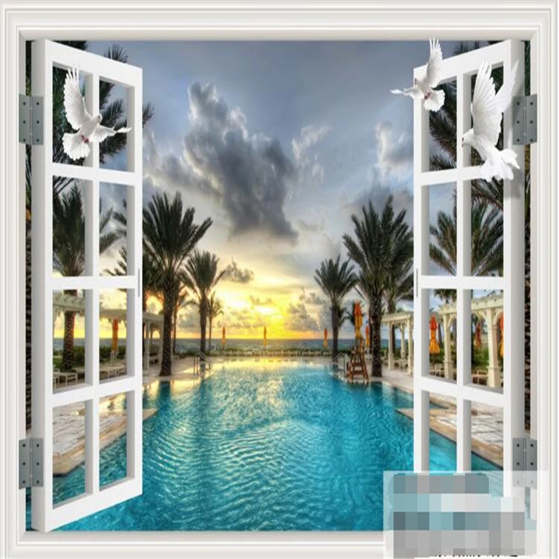 custom mural Swimming pool coconut tree window painting photo 3d wall murals wallpaper 3D wall papers home decor papel de parede
