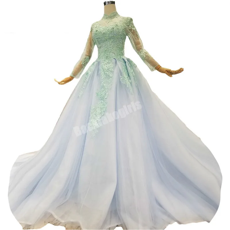 

Backlakegirls High Neck Sheer Sleeve Eveing Dress Elegant Pearls Crystal Court Train Lace Evening Gowns Ball Gown Abendkleider