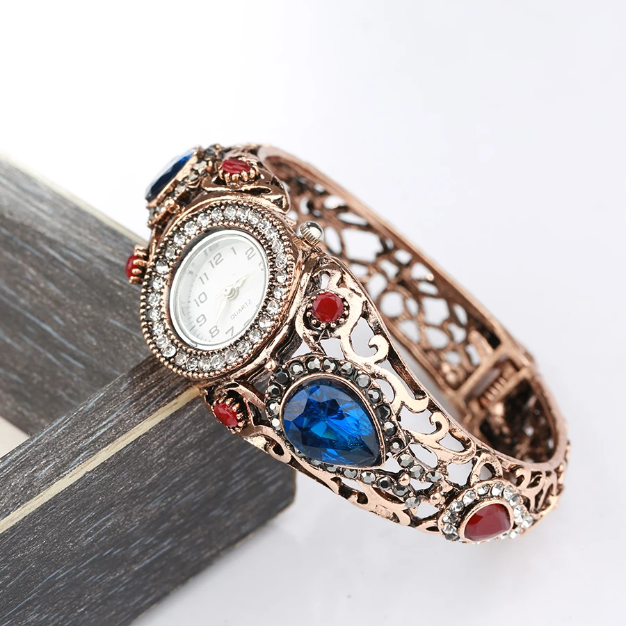 Kinel новые турецкие часы браслет для женщин античное золото полые Хрустальный цветок винтажные Свадебные украшения Рождественские подарки оптом