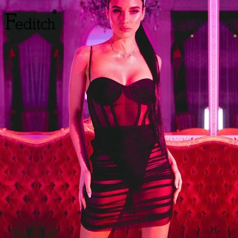 

Feditch Sexy Dress Women Transparent Clubwear Spaghetti Strap Mesh Mini Party Dress Summer Black Pencil Bodycon Vestidos 2019