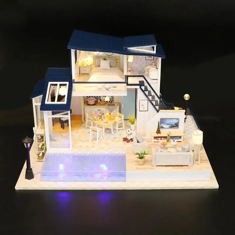 Творческий синий дом DIY Головоломка собрать Кукольный дом миниатюрный деревянный дом игрушки
