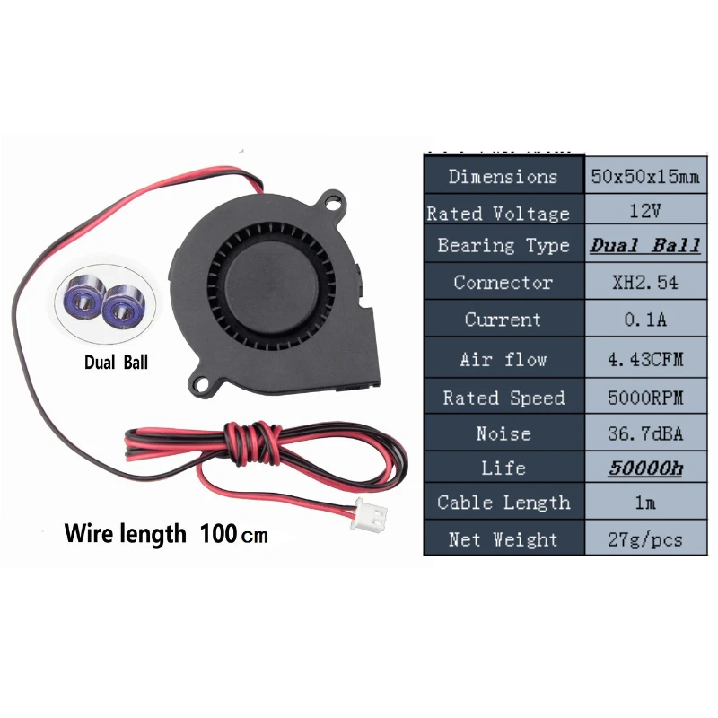 Gdstime 1 шт. двойной шариковый подшипник 12 В 24 В DC вентилятор охлаждения 3D вентилятор для принтера кулер 50 мм x 15 мм 5015 5 см 50x50x15 мм 1 метр провода - Цвет лезвия: 12V