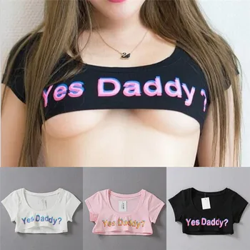 

Girls Women New Summer Japanese Kawaii Cute 3D Ghost Pink Yes Daddy Printed Crop Top Cotton Cropped Appeal Sexy T-galactosidase