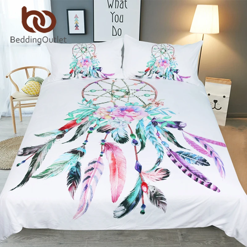 

BeddingOutlet Dreamcatcher Bedding Set Queen Beautiful Feathers Duvet Cover With Pillowcases Bohemian Bedclothes White Bed Set