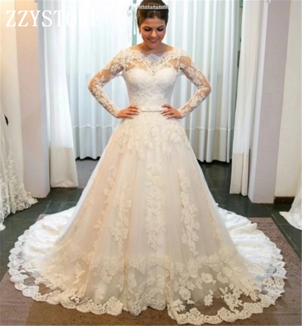 

Backless Ball Gown Arabic White wedding dresses Apppliques Long Sleeves Appliques Court Train plus size robe de mariee