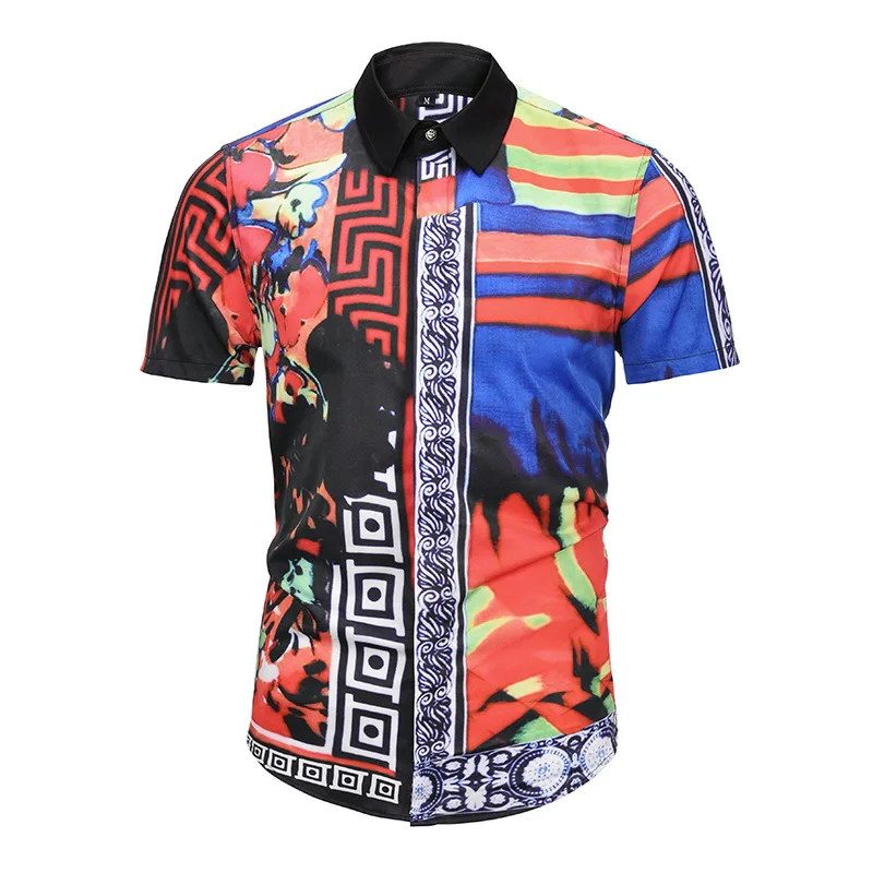 

ASIAN SIZE Personality Unique Color Mix Mens Short Sleeve Fashion Luxury Design Print Dress Shirt