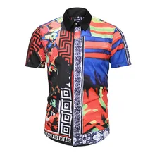 Asiatique taille personnalité Unique couleur mélange hommes à manches courtes mode luxe Design imprimé robe chemise(China)