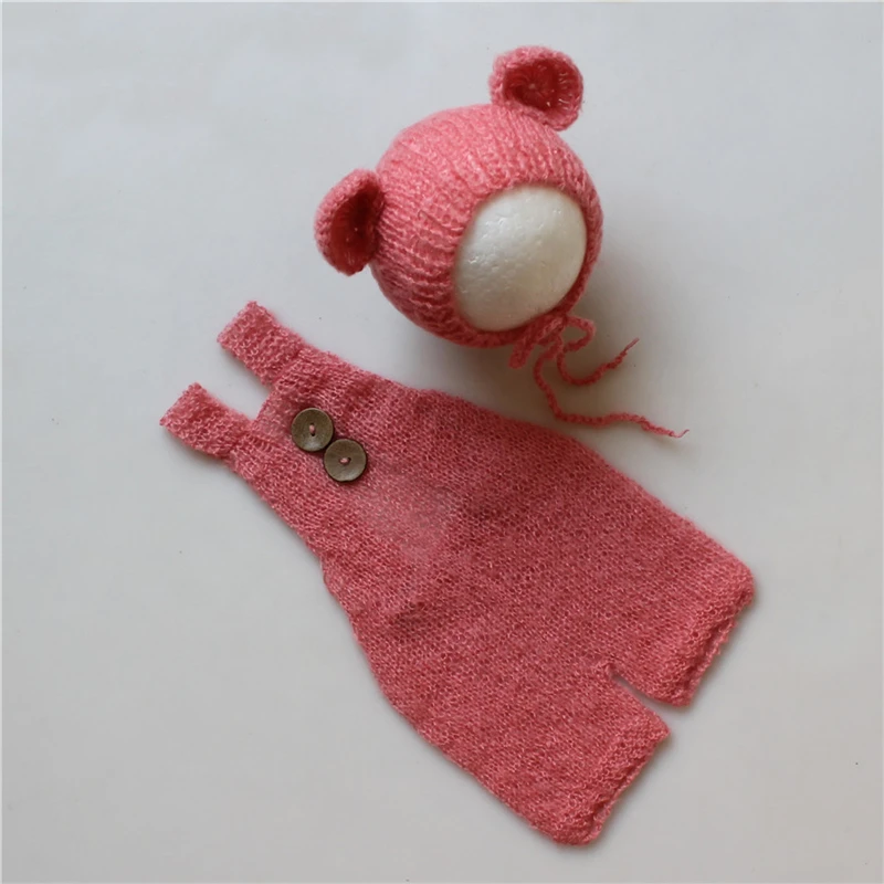 Реквизит для фотосессии новорожденных; Одежда для мальчиков и девочек; комплект из шапки и комбинезона с милым медведем; мягкая одежда из мохера для фотосессии; комбинезон - Цвет: Розовый