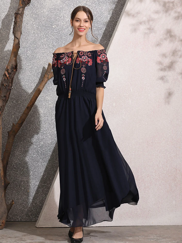 

2019 Summer Word Collar Embroidered Puff Sleeve Chiffon Fringe Dress Fashion Casual Sexy Elegant Boho Dress Women Plus Size