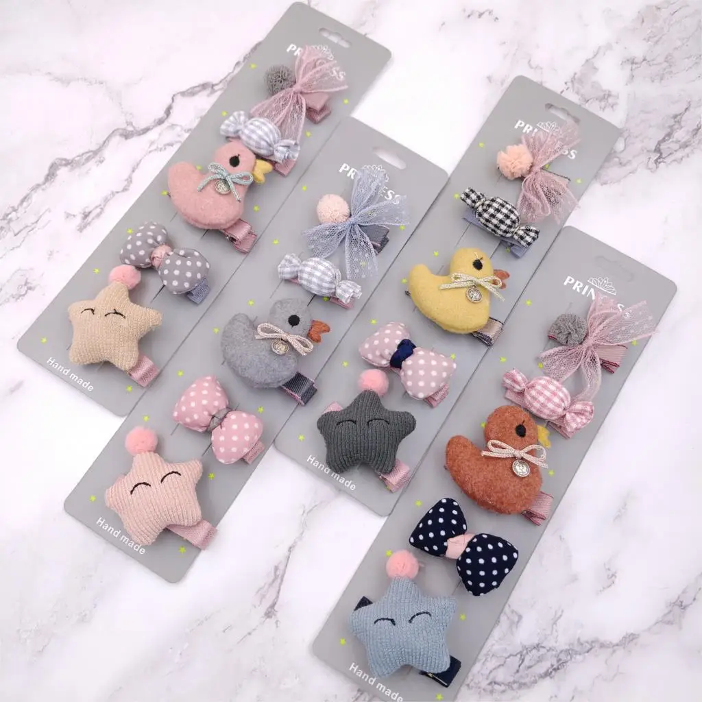 

5pcs/set 2019 New girl children cute cartoon duck hairpins bowknow Star lace princess sweet hair clips hairwear Hair Accessories