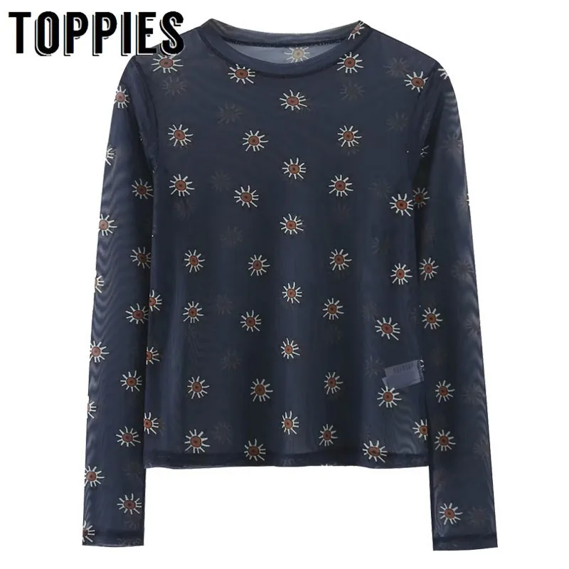 

Daisy Printing Blouses Women Sexy See Through Shirt 2019 Summer Dark Blue O-Neck Tops Long Sleeve