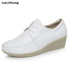 Коровья кожа оксфорды повседневные однотонные на шнуровке с круглым носком белые туфли для медсестры женские лоферы из натуральной кожи