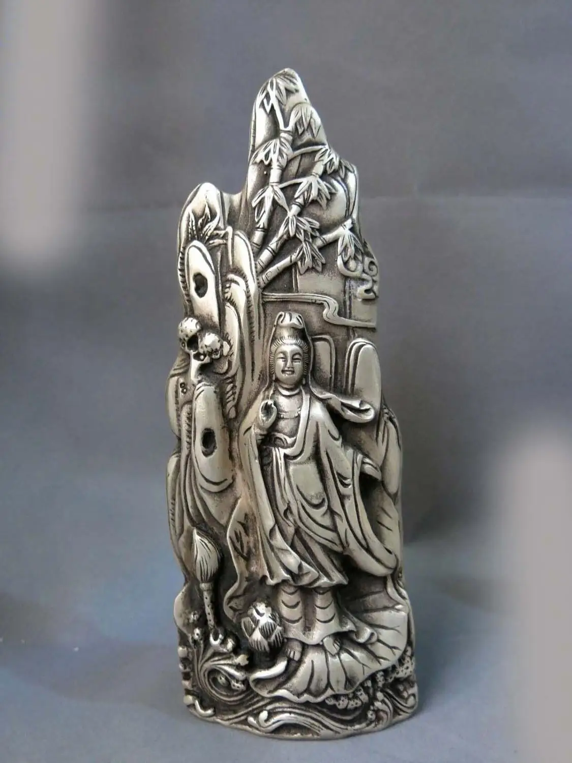 

DS 9" China silver carved buddhism lucky black bamboo Kwan-yin sculpture Statue