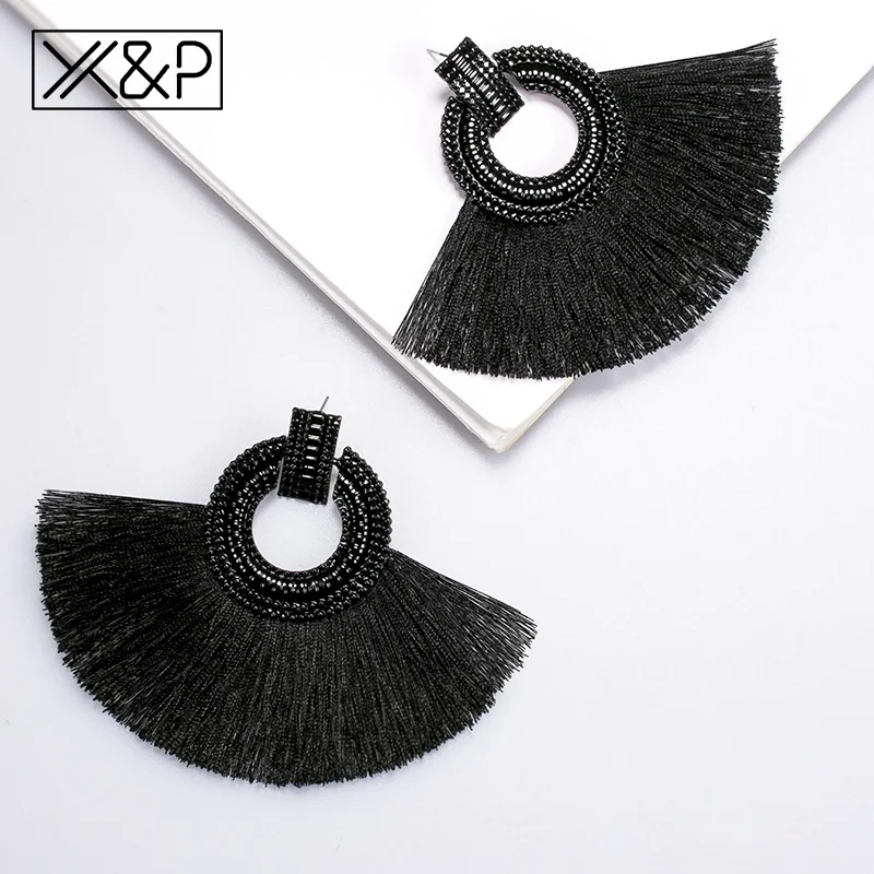 X& P красивые богемные серьги-капли с большой кисточкой для женщин, серьги с бахромой ручной работы, модные женские серьги, ювелирное изделие - Окраска металла: Black