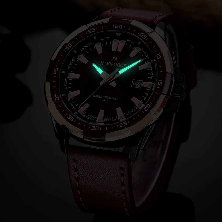 NAVIFORCE Quartz Men Watches Leather Strap Analog Fashion Casual Date Watch Men Military Waterproof