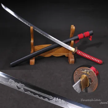

Full Tang Katana Damasucs Folded Steel Blade Engraved Pattern Sharp Ready for Battle Wooden Scabbard Red Rope