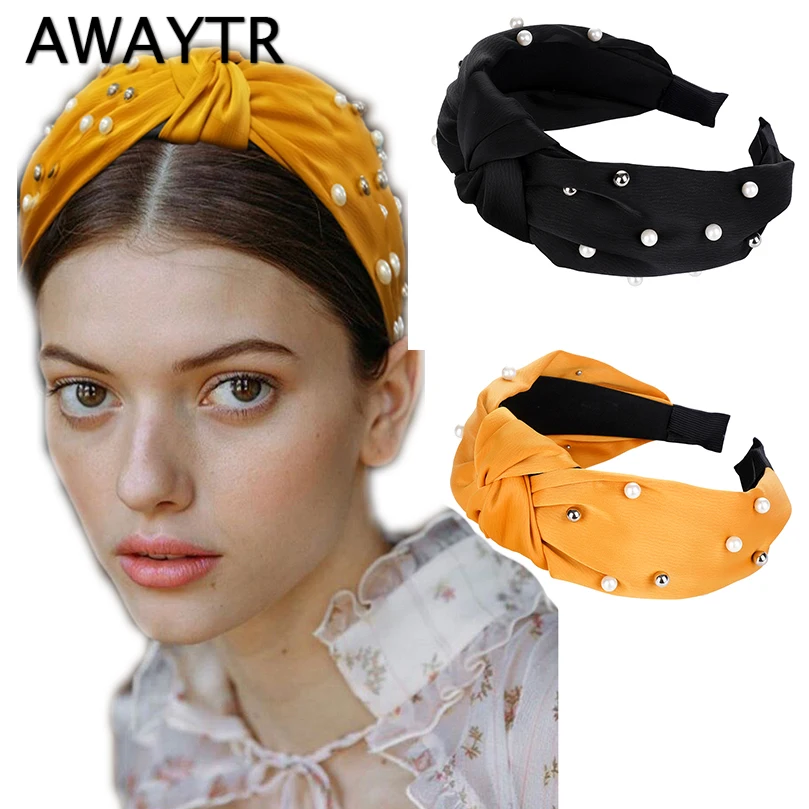 

AWAYTR New Boho Style Rhinestone Rivets Pearl Knot Headband For Women Sweet Ladies Wide Hairband Girls Hair Accessories