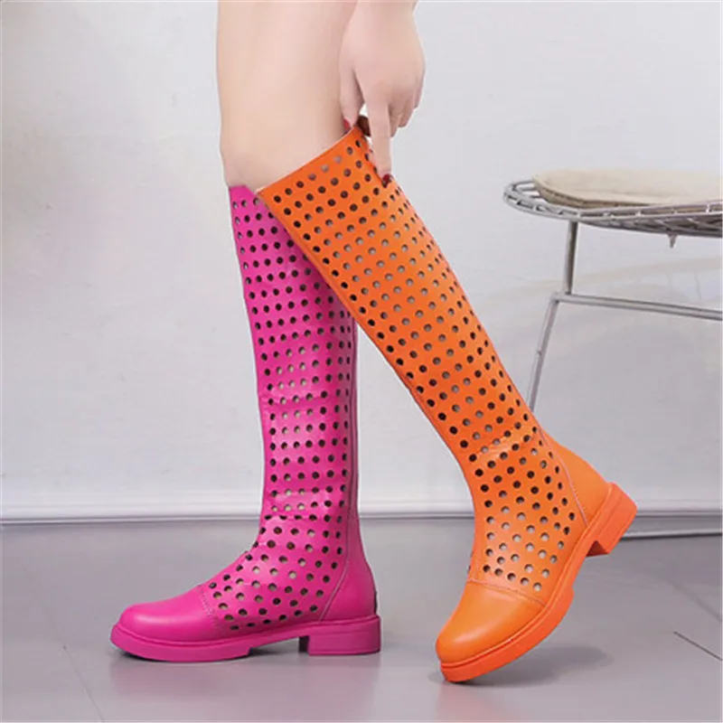 

Hollow hole Super Hot Sale Summer Knee-High Boots 2019 Stylish Candy Color Square heel sandals Women Back Zipper Martin boots