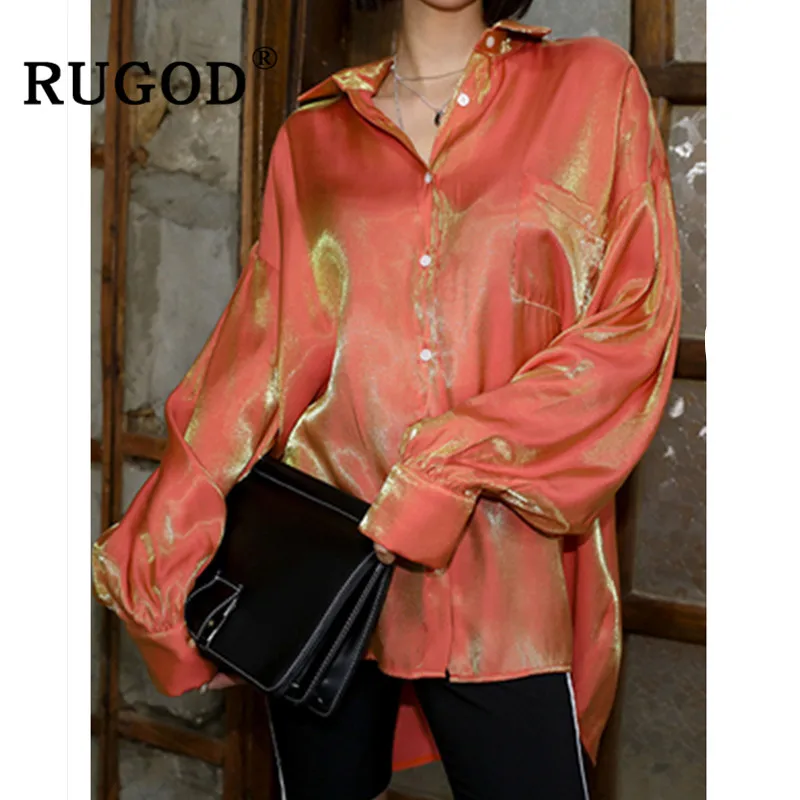 

RUGOD Vintage Gradient blouse women Elegant glossy long sleeve orange shirts ladies korean chic turn-down collar blouse and tops