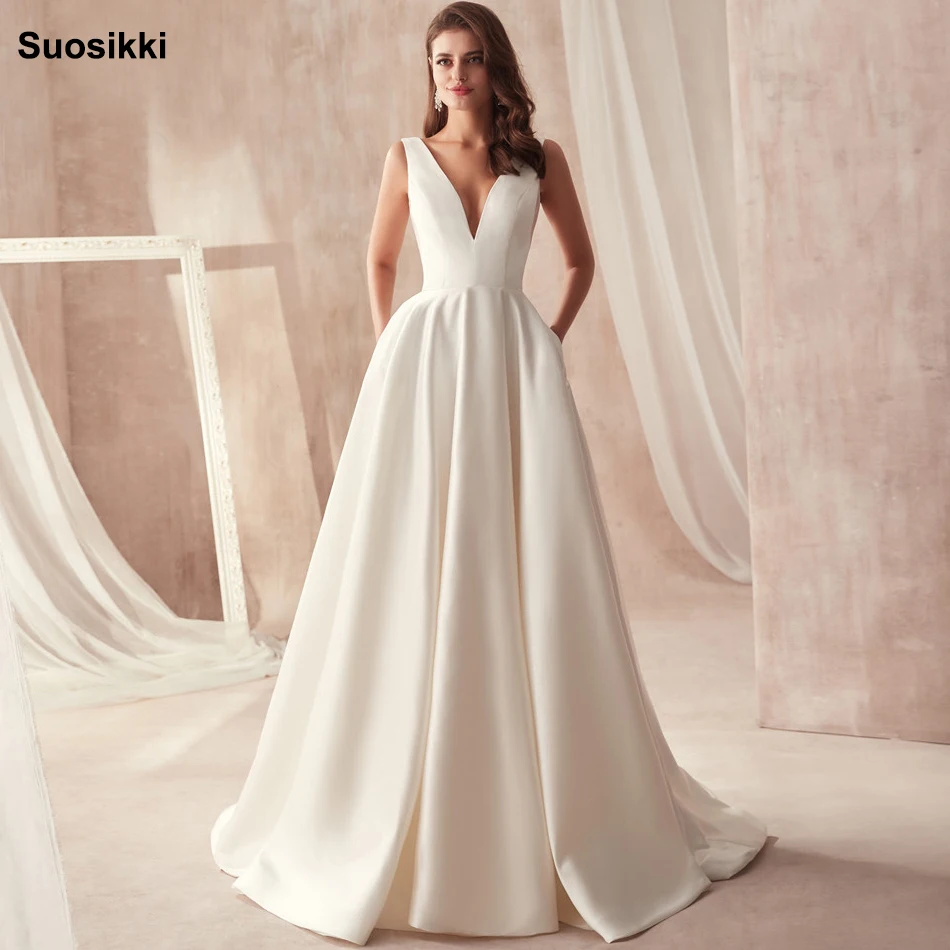 Famous Design Satin Wedding Dress with Pocket V neck Cutout Side Open Back Bridal Dress Pocket