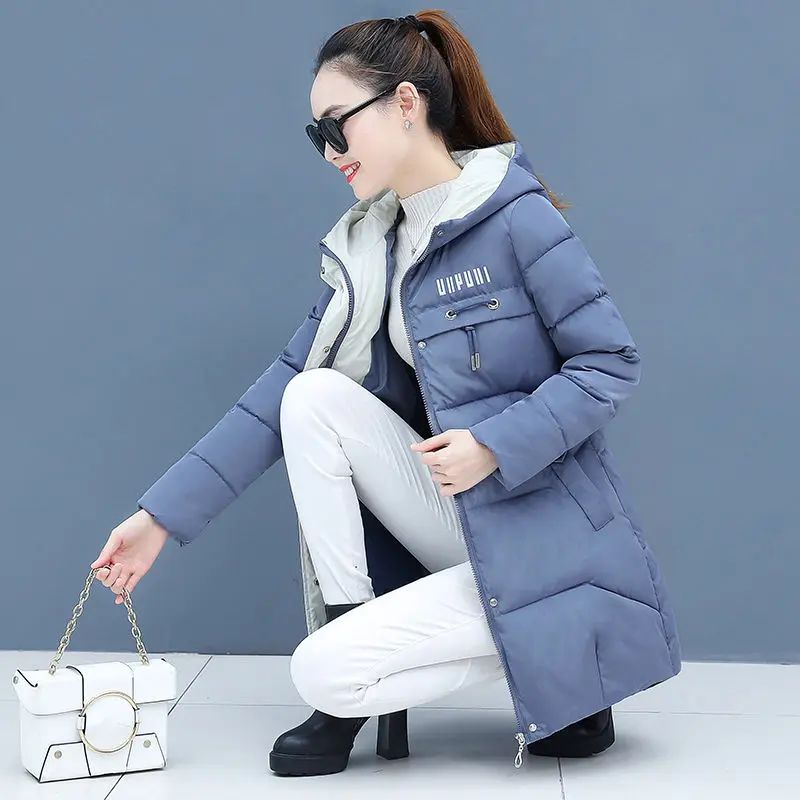 Vangull Winter Women Parkas Casual Long Sleeve Hooded Jackets Autumn Warm Letter Print Long Female Coats Zipper Outerwear - Color: Blue