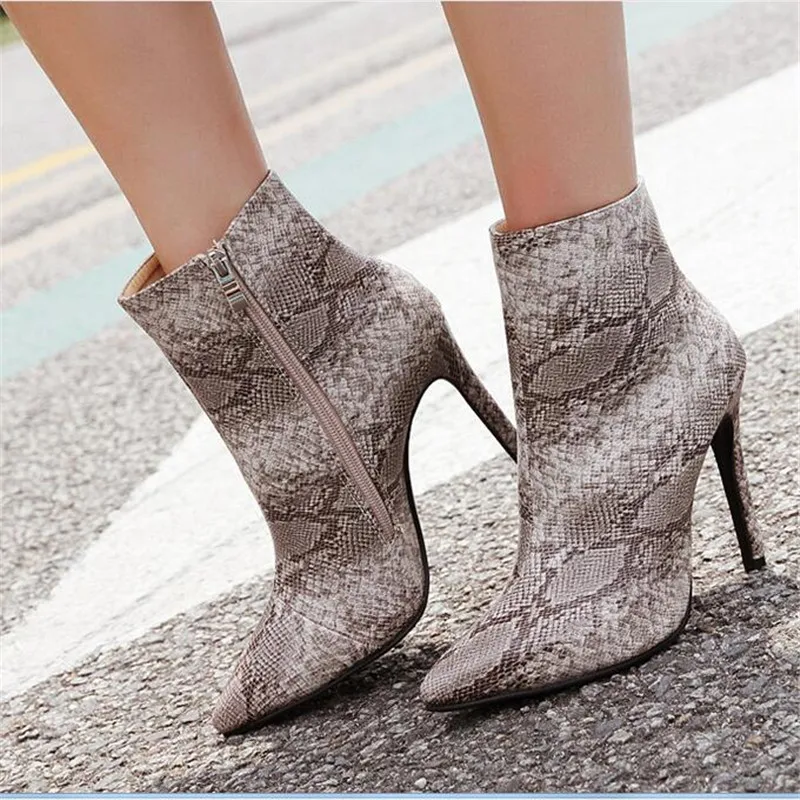 

2019 Autumn Winter Women Snakeskin Ankle Boots Pointed Toe 10.5CM High Heel Boots Fashion Women Botas Grey Pink Plus Size 35-42