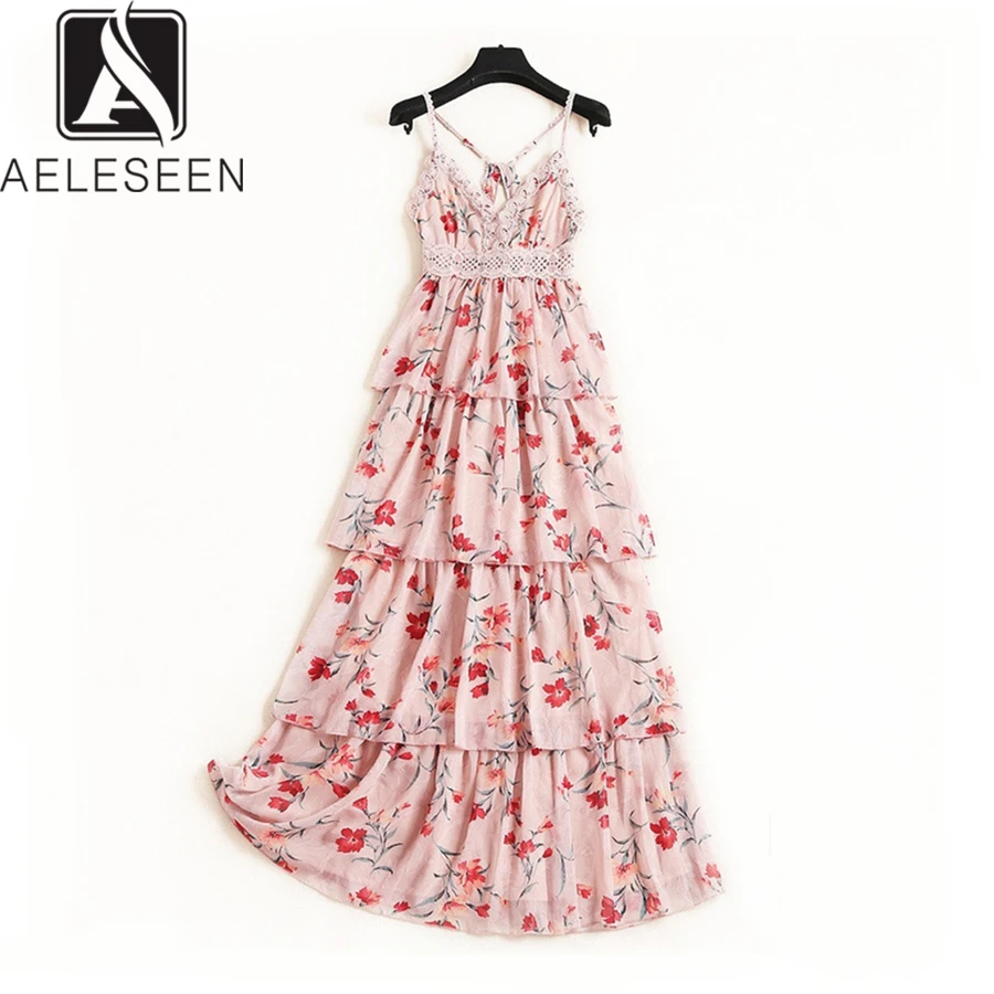 

AELESEEN New Fashion 2019 Summer Sweet Cake Dresses Women Elegant Floral Print Spaghetti Strap Pink Blue Holiday Midi Dress