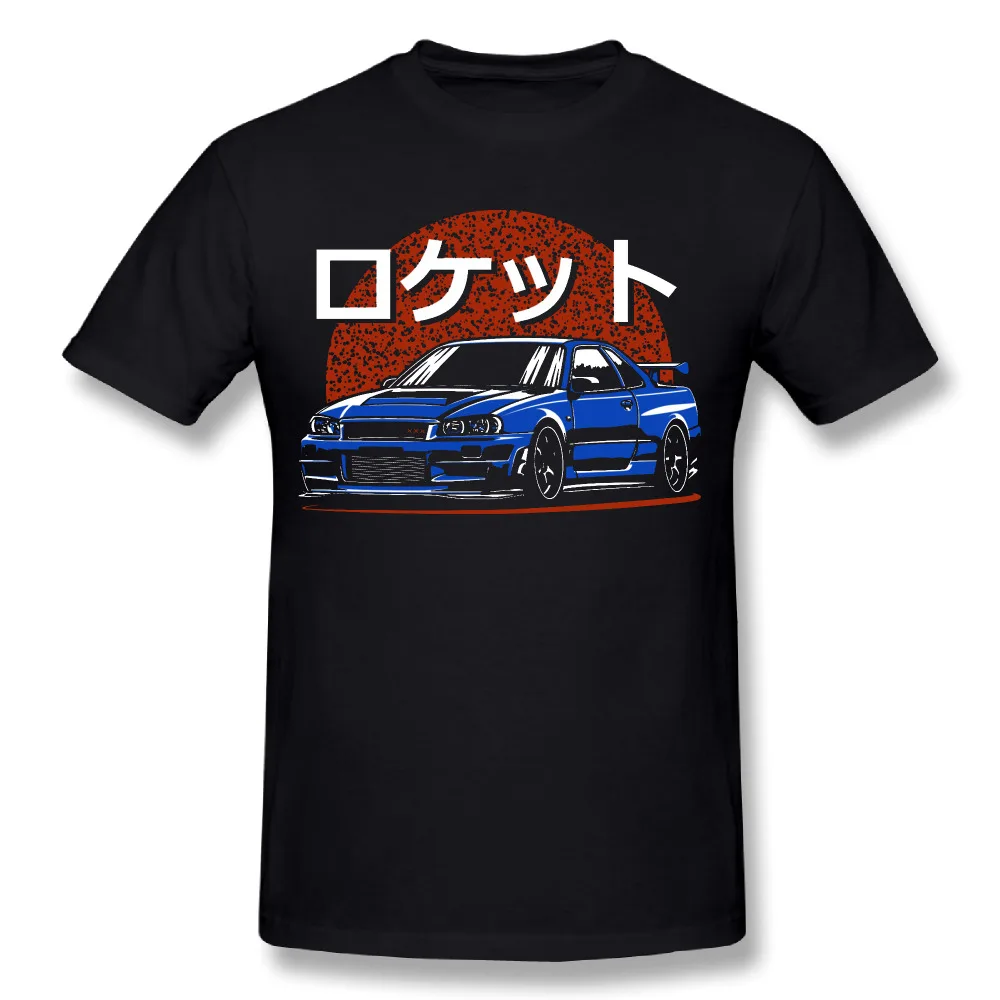 Новинка, Мужская футболка R34 GTR Rocket Skyline, хлопок, футболка с японским автомобилем, летняя уличная одежда, Camiseta - Цвет: Черный