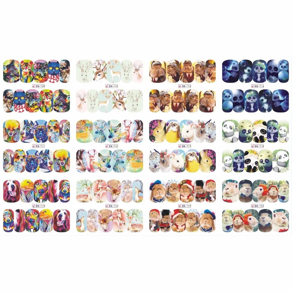 

12 PACK/ LOT WATER DECAL NAIL ART NAIL STICKER FULL COVER OIL CUTE ANIMAL CAT DOG RABBIT PANDA DEER BN709-720
