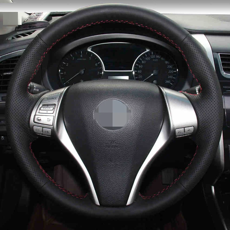 Hand stitched Black Leather Steering Wheel Cover for Nissan 2013 Teana