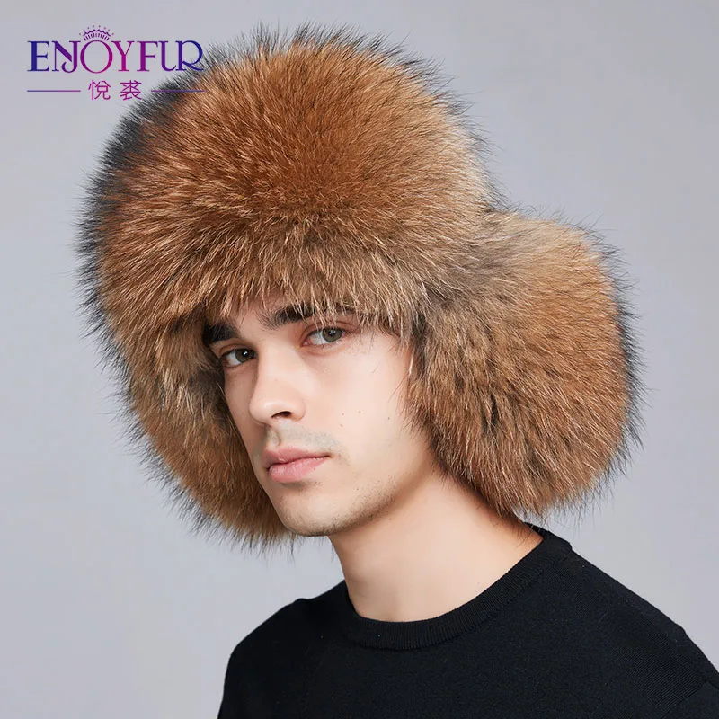 Enjoyfur зимняя шапка Earflap мужчин натуральным лисьим мехом шапки Российской ушанка из меха защиты уха Теплый достаточно высокое качество Бомбардировщик Hat FXM17504 - Цвет: H001